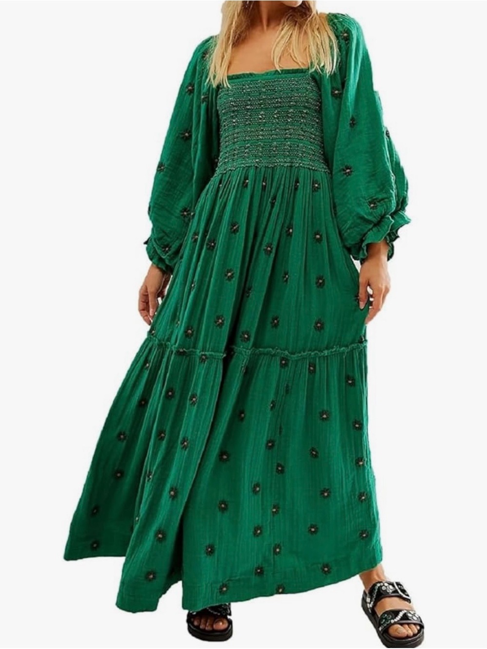 Floral Embroidered Long Balloon Sleeve Smocked Midi Maxi Dress Sz L Boho Green